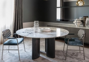 furniture: DINING TABLE "ARNE"  MARBLE TOP. LEGS COVERED WITH LEATHER,OR IN CURVED PLYWOOD. PAINTED STEEL FERRULES, “PLATINO” COLOUR.   Ø 160 / 180 X H. 75 CM | ARCHONTIKIS-CASAMILANO