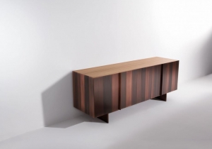 furniture: ST 12 LOW SIDEBOARD WITH FOUR HINGED DOORS AND LEGS, FITTED WITH TWO INTERNAL DRAWERS. SIDE PANELS, DOORS AND LEGS CLAD WITH METAL. INSIDE AND TOP IN WALNUT “COLORE”. AVAILABLE ALSO WITH TOP CLAD IN METAL. | ARCHONTIKIS - LAURA MERONI