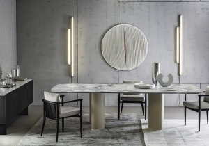 furniture: DINING TABLE "ARNE"  MARBLE TOP. LEGS COVERED WITH LEATHER,OR IN CURVED PLYWOOD. PAINTED STEEL FERRULES, “PLATINO” COLOUR. 240 / 280 X P. 120 X H. 75 CM.- L. 300 X P. 120 X H.75 CM. | ARCHONTIKIS-CASAMILANO