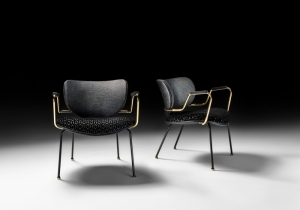 furniture: CALIDA LOUNGE: ARMCHAIR WITH BASE IN MATT BLACK VARNISHED METAL ROD. SEAT, BACK IN CURVED BEECH WOOD, PADDING IN HIGH-RESILIENCE EXPANDED POLYURETHANE. METAL GLIDES AND ARMREST (OPTIONAL) IN POLISHED GOLD FINISHING. | ARCHONTIKIS - BLACKTIE