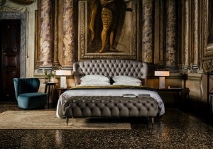 furniture: SAVOI BED PIER LUIGI FRIGHETTO  BED WITH HEADBOARD AND FRAME IN POPLAR WOOD, PADDING IN HIGH-DENSITY EXPANDED POLYURETHANE, UPHOLSTERY IN THERMO-BONDED FIBRE WITH STRETCH JERSEY. TUFTED UPHOLSTERY HEADBOARD IN POLYURETHANE FOAM IN DIFFERENT DENSITIES. WOO | ARCHONTIKIS - BLACKTIE