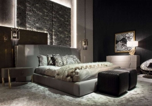 furniture: NILO THE IMPORTANT HEADBOARD IS THE DISTINCTIVE ELEMENT OF THE NEW NILO BED. THE REFINED EMBROIDERY ON THE CENTRAL PART CONTRASTS WITH THE SMOOTH SIDE BANDS, WHILE THE BINDING WITH METALLIC CHAIN LENDS A GLAM-CHIC CHARM IN PERFECT ROBERTO CAVALLI HOME INT | ARCHONTIKIS - ROBERTO CAVALLI