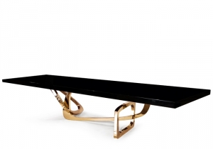 furniture: BANGLE DINING TABLE  SIZE SHOWN APPROX. 126”L X 44”W X 30”H  HIGH POLISHED BRONZE FINISH BASE SHOWN WITH BLACK LACQUER TOP  AVAILABLE IN STAINLESS STEEL (POLISHED AND BLACKENED), STATUARY BRONZE (LIGHT AND DARK)   CUSTOM SIZES AVAILABLE | HUDSON FURNITURE NEW YORK - ARCHONTIKIS