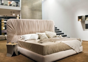 furniture: DRAPE BED WOODEN BOX-SPRING BASE BED WITH DRAPED HEADBOARD IN VELVET OR LEATHER. | ARCHONTIKIS - LAURA MERONI